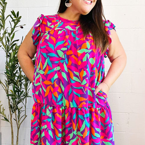 You Got This Purple Abstract Floral Print Tiered Ruffle Sleeve Dress