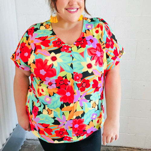 Multicolor Tropical Floral V Neck Drop Shoulder Top