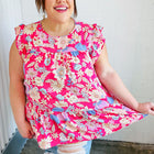 Fuchsia Floral Yoke Flutter Sleeve Back Neck Button Top