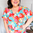 Aqua & Coral Floral V Neck Woven Top