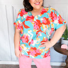 Aqua & Coral Floral V Neck Woven Top