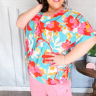 Aqua & Coral Floral V Neck Woven Top