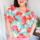 Aqua & Coral Floral V Neck Woven Top