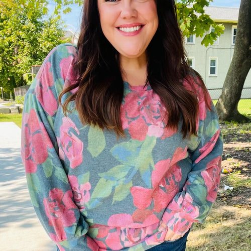 Everyday Hunter Green Floral Brushed Hacci Sweater Top