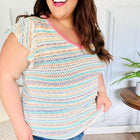 Sunny Days Coral Two Tone Striped Textured Knit V Neck Top