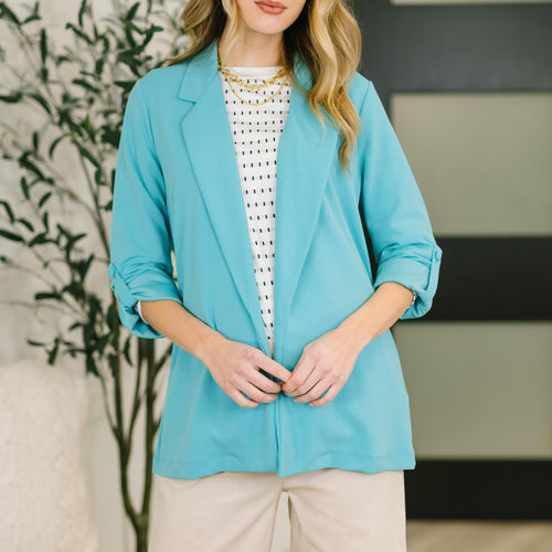 I'm Really That Gal Open Front Blazer in Aqua