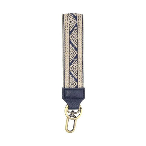 Joy Susan Easy Find Wristlet Keychain in Denim Geo Pyramid
