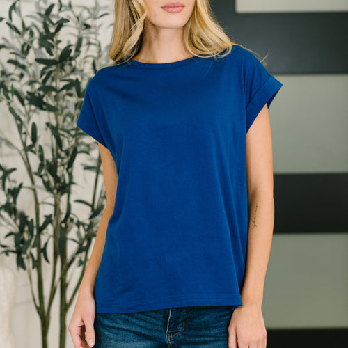 It Starts Here Basic Rolled Sleeve Tee in Lt Navy