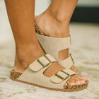 Jete Nubuck Double Buckle Slides in Light Taupe