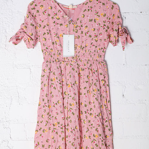 Kids Adorable Rose Smocked Waist Floral Bow Tie Sleeve Dress