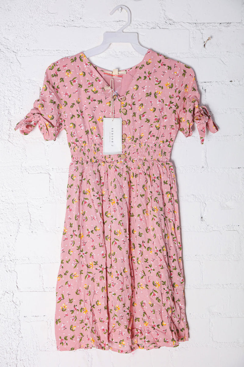 Kids Adorable Rose Smocked Waist Floral Bow Tie Sleeve Dress