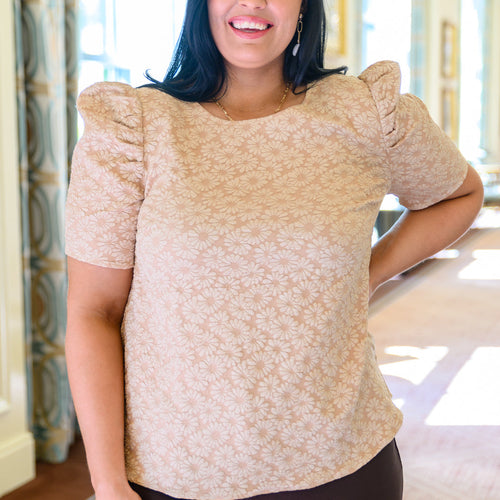 Kelsi Jacquard Puff Sleeve Top In Tan