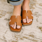 Knit Square Toe Slide on Sandal in Cognac