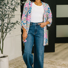 Lizzy Cardigan in Teal and Pink Floral Abstract