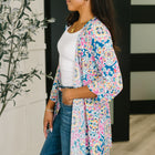 Lizzy Cardigan in Teal and Pink Floral Abstract