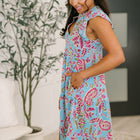 Lizzy Forever Flutter Sleeve Dress in Blue and Pink Paisley Floral