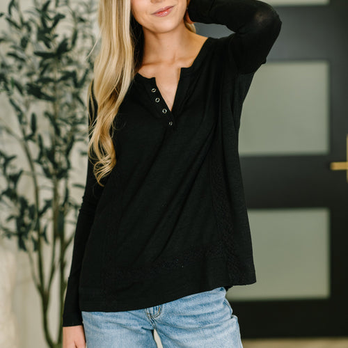 Never Been So Sure Lace Accent Henley Top in Black