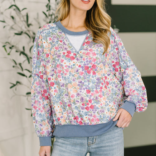 New Opportunities Drop Shoulder Floral Pullover