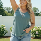 Waffle Knit Henley Tank in Dusty Teal