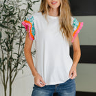 Petals & Poise Floral Flutter Sleeve Top in White