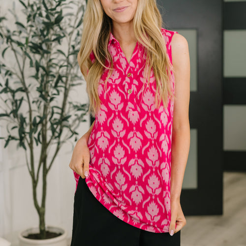Sea Spray Collared Sleeveless Top in Floral Ikat