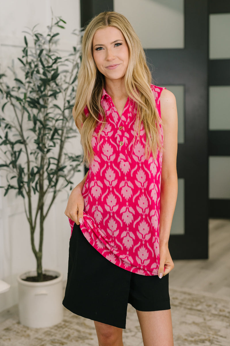Sea Spray Collared Sleeveless Top in Floral Ikat