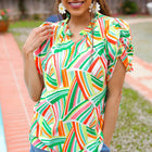 Hello Beautiful Green & Orange Geo Frill Notch Neck Puff Sleeve Top
