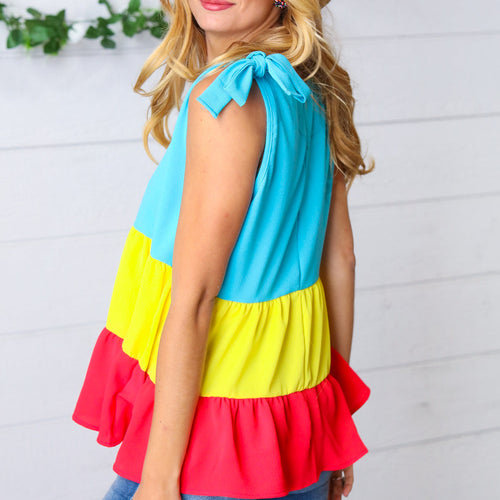 Multicolor Tiered Shoulder Tie Bow Crepe Top