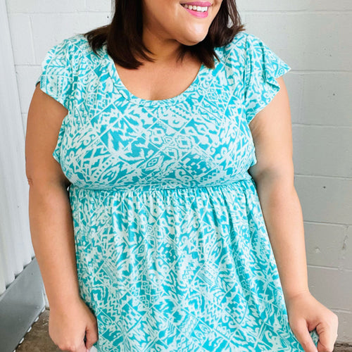 Aqua Boho Print Ruffle Short Sleeve Babydoll Top