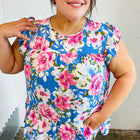 Sky Blue Floral Yoke Flutter Sleeve Keyhole Back Top