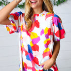 Multicolor Print Frilled Mock Neck Puff Sleeve Top