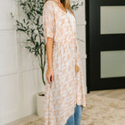 Tropical Print Gauze Kimono with Elastic Waist Tie in Milk Tea
