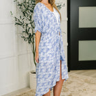 Tropical Print Gauze Kimono with Elastic Waist Tie in Periwinkle
