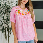 Wander Bloom Embroidered Puff Sleeve Blouse in Pink