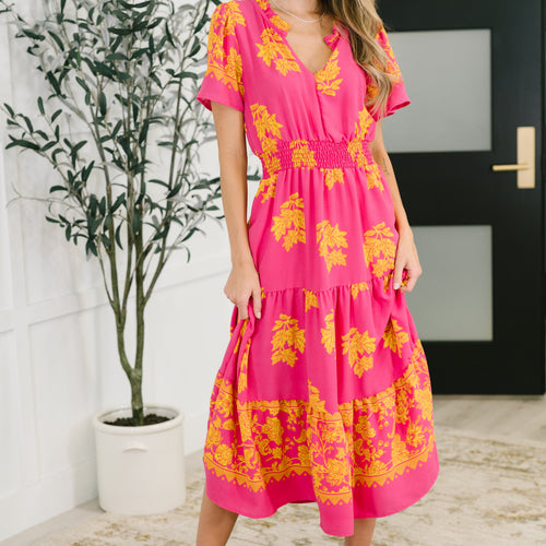 Whispering Willow V-Neck Dress in Fuchsia