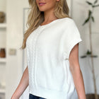 Double Take Full Size Cable-Knit Round Neck Short Sleeve Sweater
