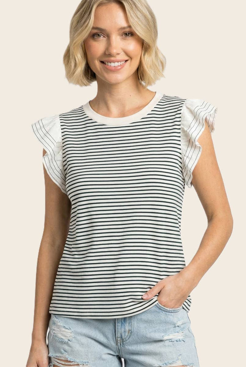 SITCHED FLUTTER SLEEVE STRIPED TOP
