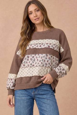 Floral and Polka Dot Mixed Knit Top