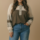 Round Neck Floral Color Block Cotton Slub Top