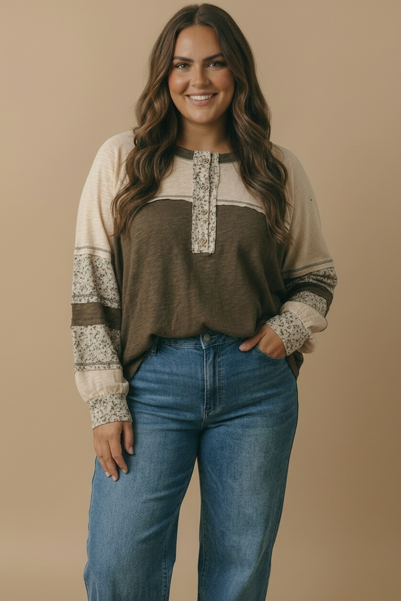 Round Neck Floral Color Block Cotton Slub Top
