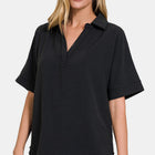 Zenana Full Size Texture Collared Neck Short Sleeve Top
