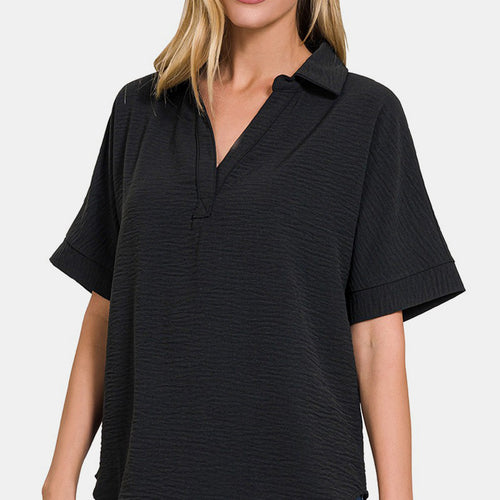 Zenana Full Size Texture Collared Neck Short Sleeve Top