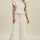 Double Take Full Size Texture Ruffle Short Sleeve Top and Wide Leg Pants Set