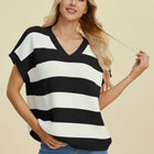 Double Take Full Size Striped V-Neck Short Sleeve Sweater