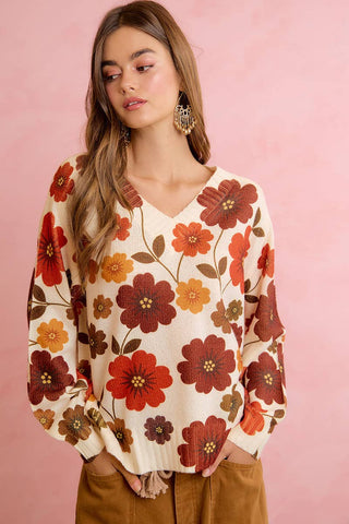 RETRO FLORAL PRINTED V NECK RELAXED FIT KNIT SWEATER