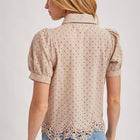 EYELET LACE TRIMMED BUBBLE SLEEVE SHIRT BLOUSE