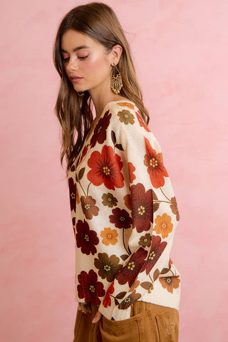 RETRO FLORAL PRINTED V NECK RELAXED FIT KNIT SWEATER