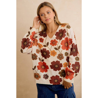 RETRO FLORAL PRINTED V NECK RELAXED FIT KNIT SWEATER