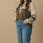 Round Neck Floral Color Block Cotton Slub Top