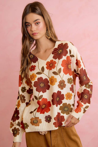 RETRO FLORAL PRINTED V NECK RELAXED FIT KNIT SWEATER